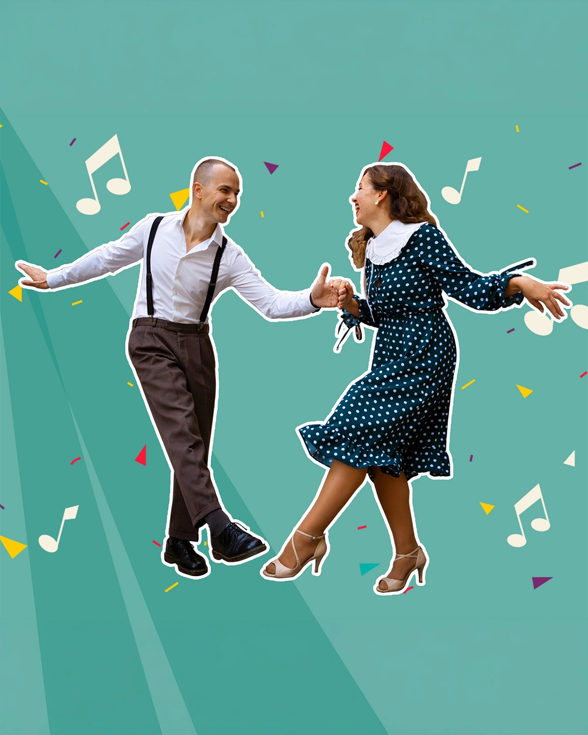A couple swing-dancing, cut out on a teal graphic background with music notes