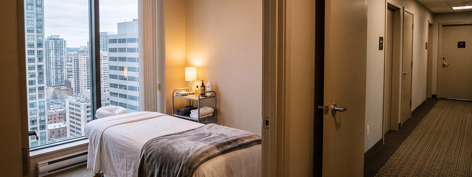 A cramped hotel massage room with the corridor in view