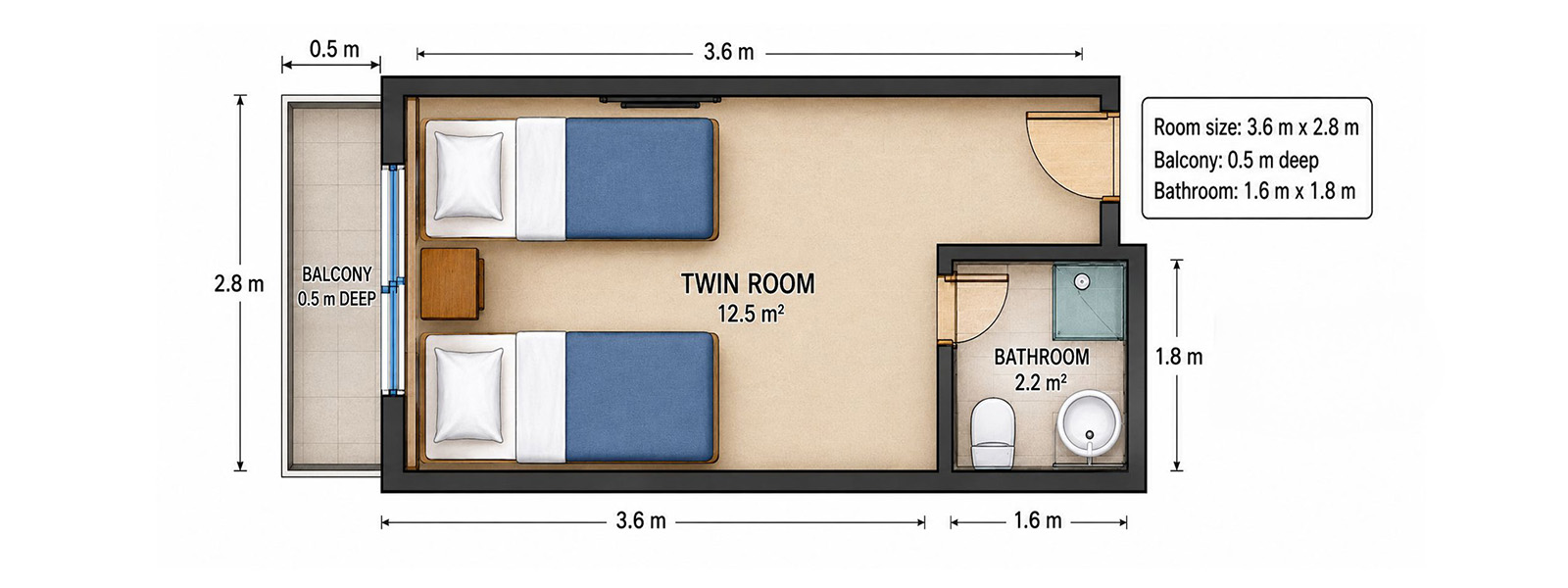 Floor plan of a cramped prefab hotel room: two twin beds, a half-meter balcony, a tiny bathroom