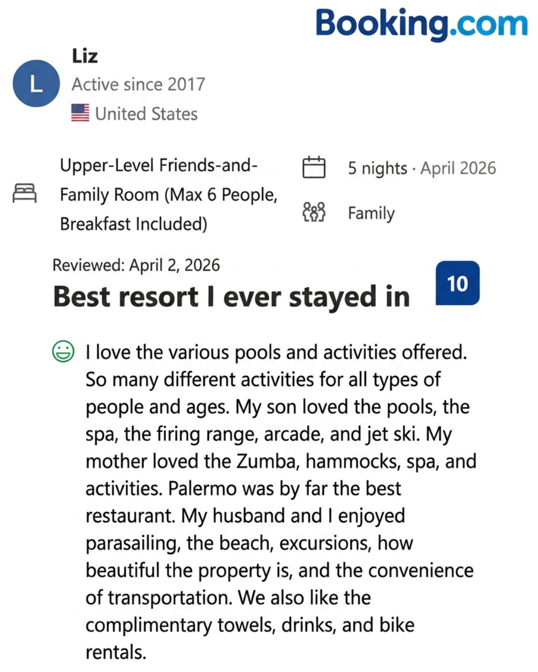 Real 10 out of 10 Booking.com review: best resort I ever stayed in - pools, spa, firing range, parasailing, activities for all ages