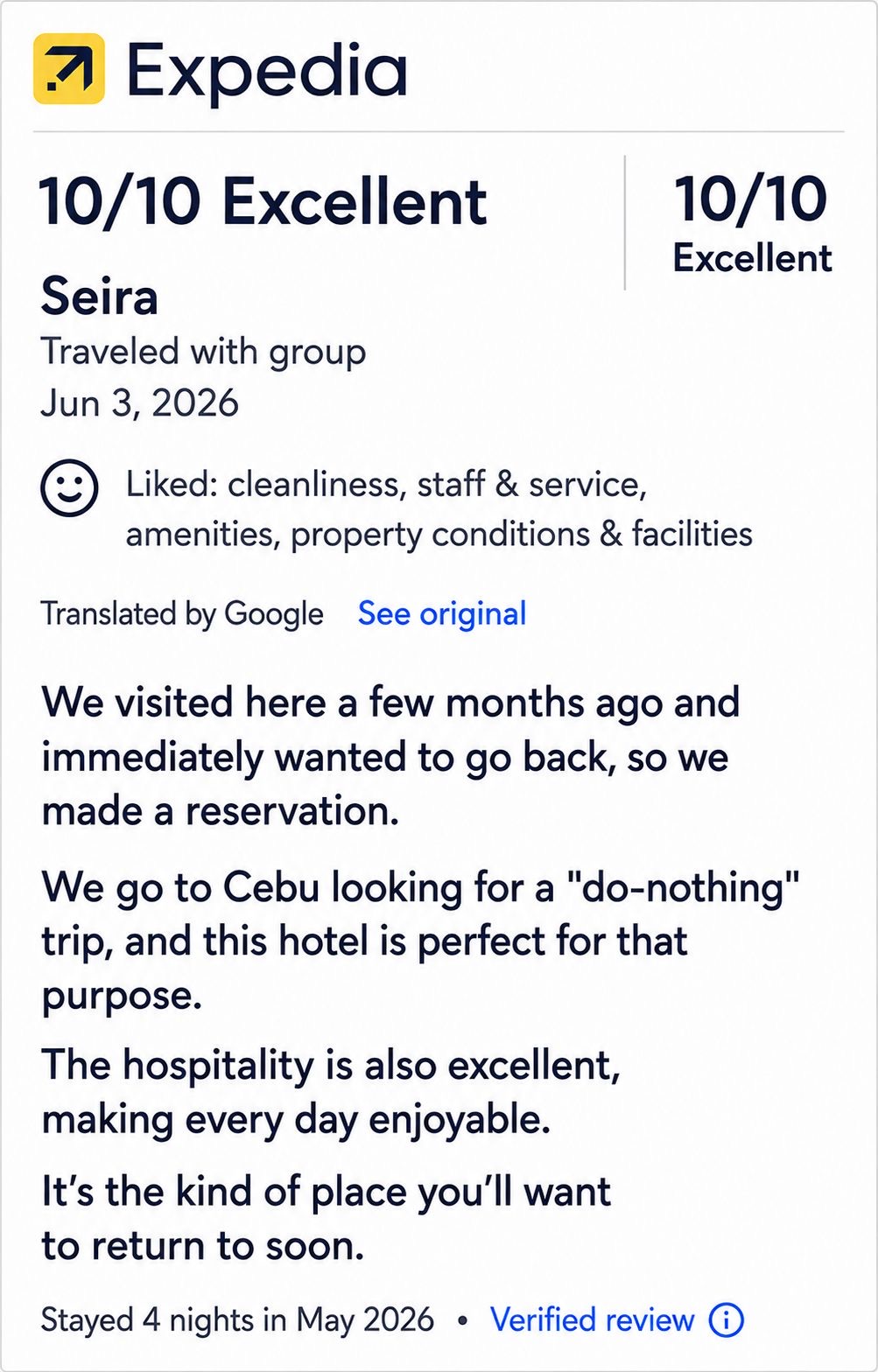Real 10 out of 10 Expedia guest review