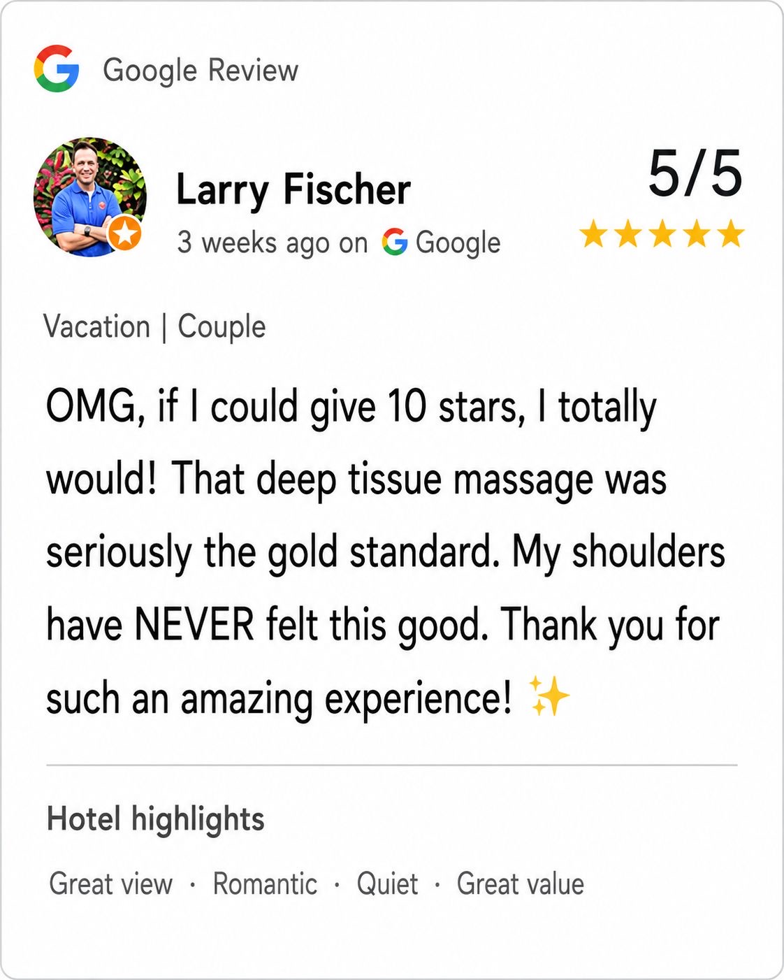 Real five-star Google review of the spa