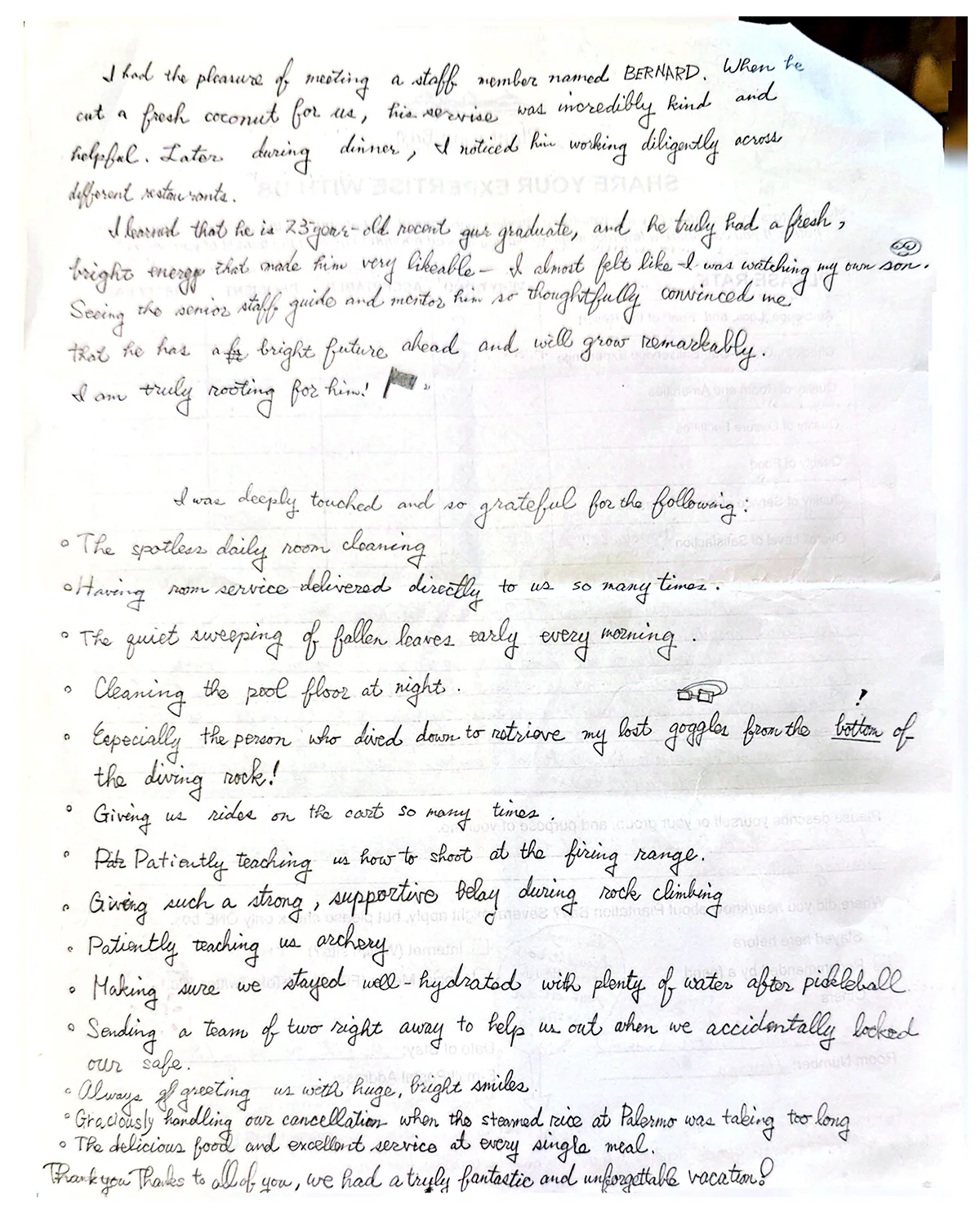 Page two of the handwritten card: praise for a staff member and a long list of staff touches the guest loved