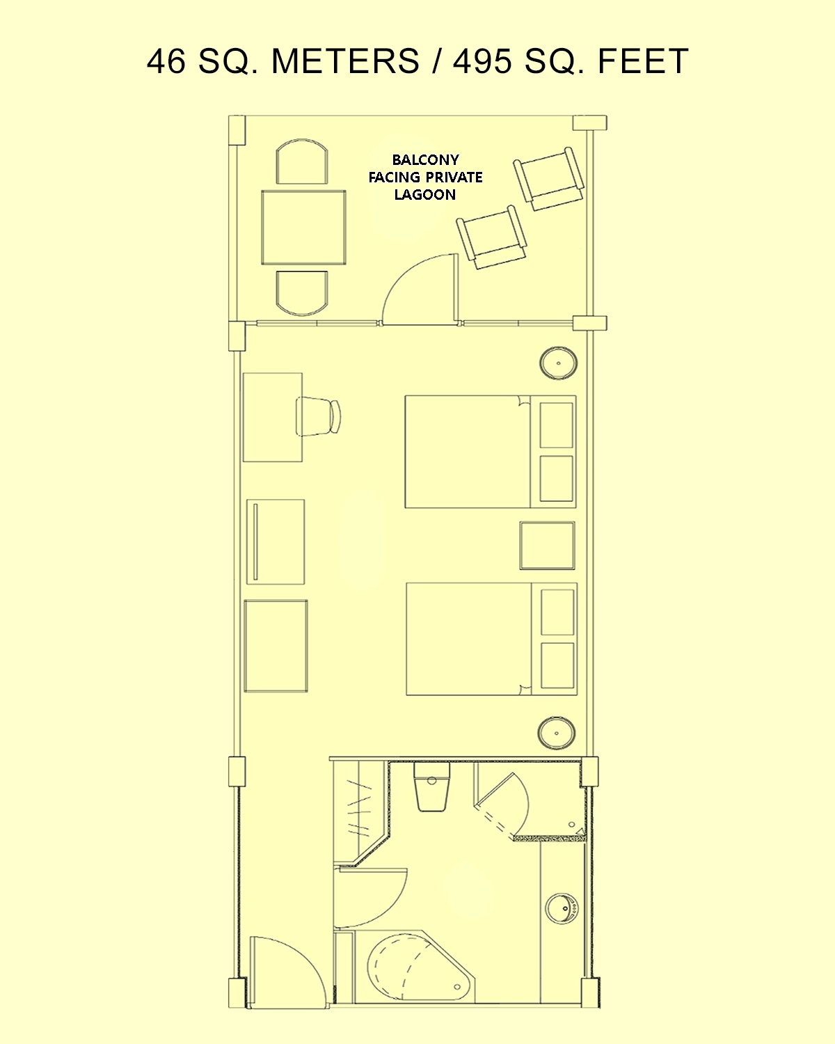 Floor plan of a two-queen room: two queen beds, bath, and balcony facing the private lagoon, 46 square meters