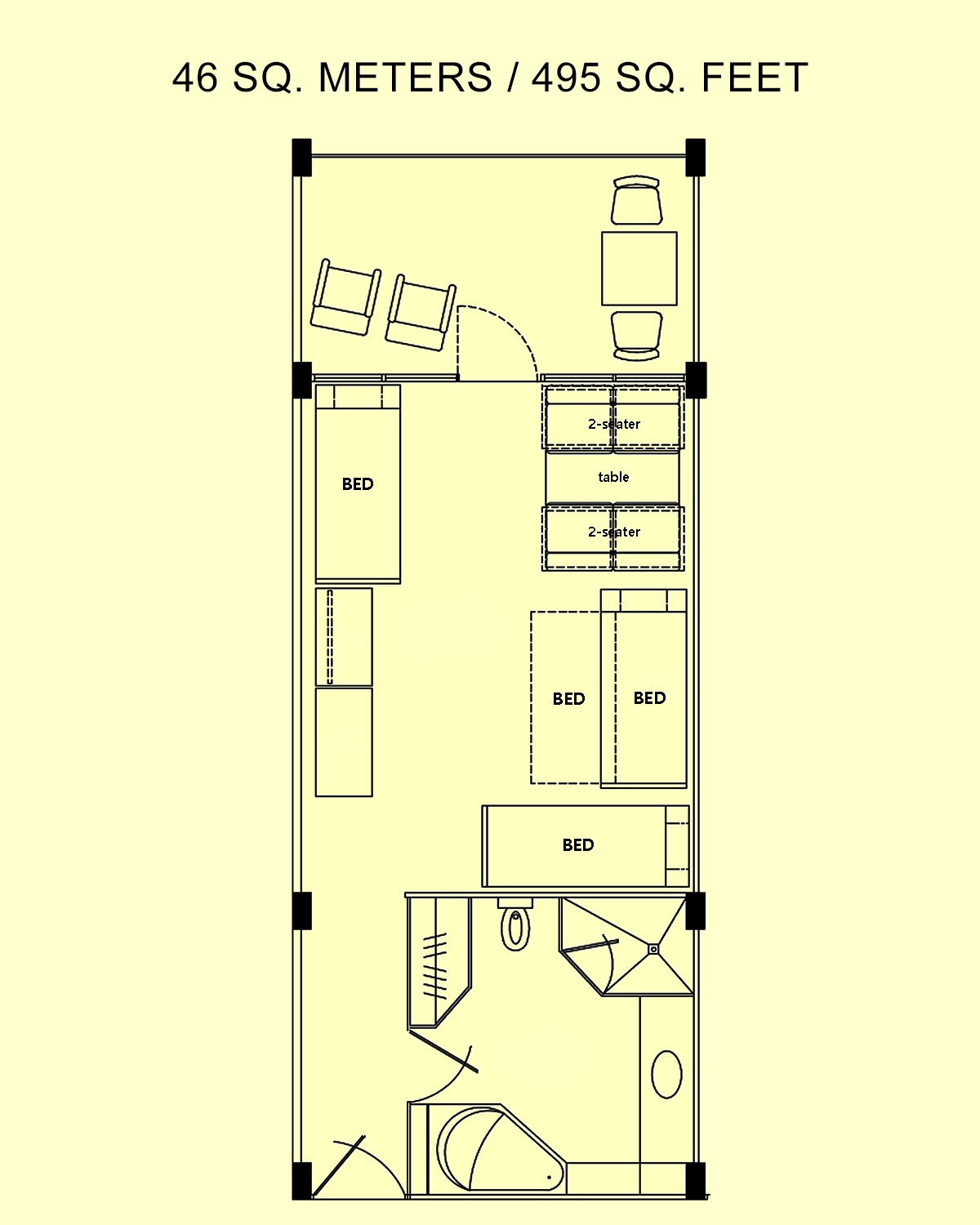 Floor plan of the Fourplex Room: four single beds with lounge seating and a dining table, 46 square meters