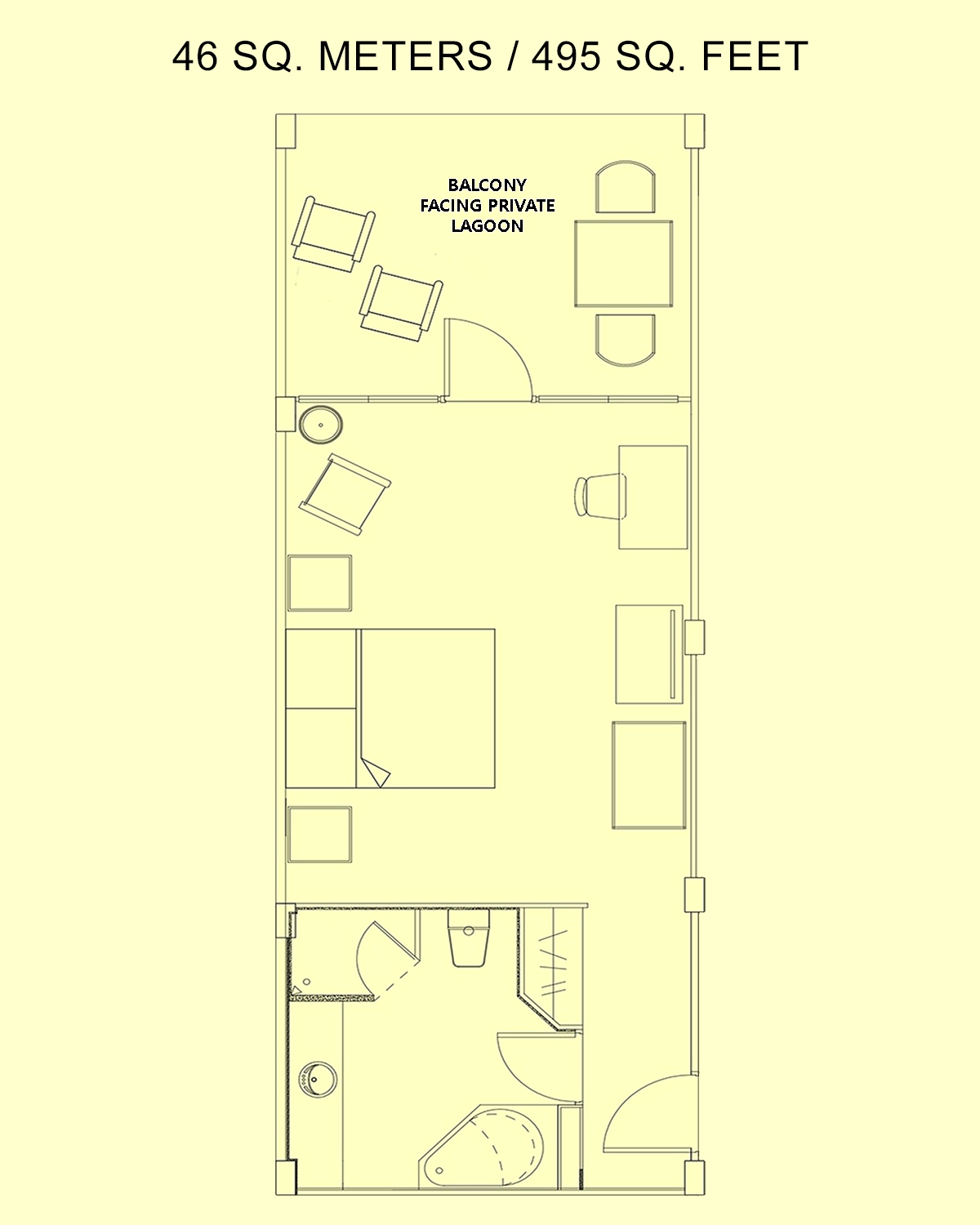 Floor plan of a king-bedded room: bedroom, bath, and balcony facing the private lagoon, 46 square meters