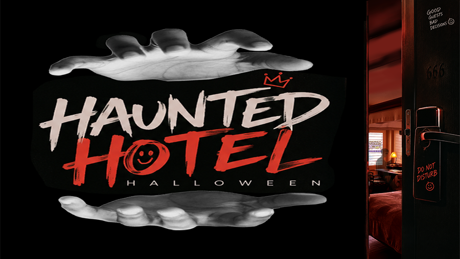 Haunted Hotel Halloween: ghostly hands around the event title, beside room 666 with a Do Not Disturb sign