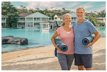Couple carrying yoga mats on the beach at Plantation Bay's lagoon