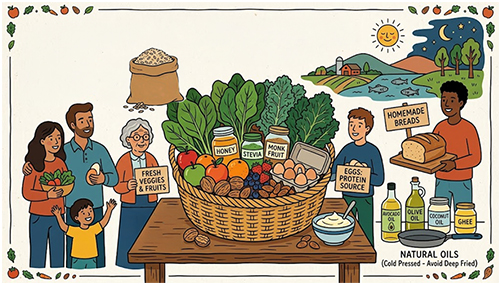 Minimally processed foods — fresh vegetables, eggs, natural meats and oils