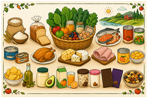 Moderately processed foods — canned goods, store-bought breads, farmed fish