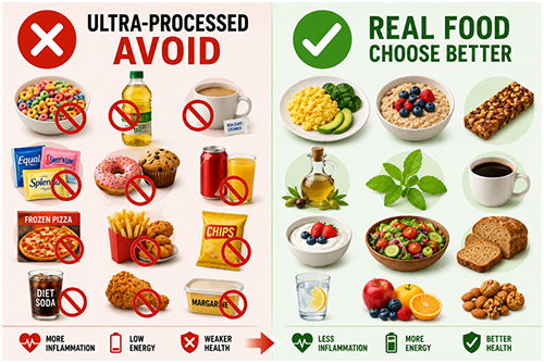 Ultra-processed foods — breakfast cereals, vegetable oils, synthetic sweeteners, fast food