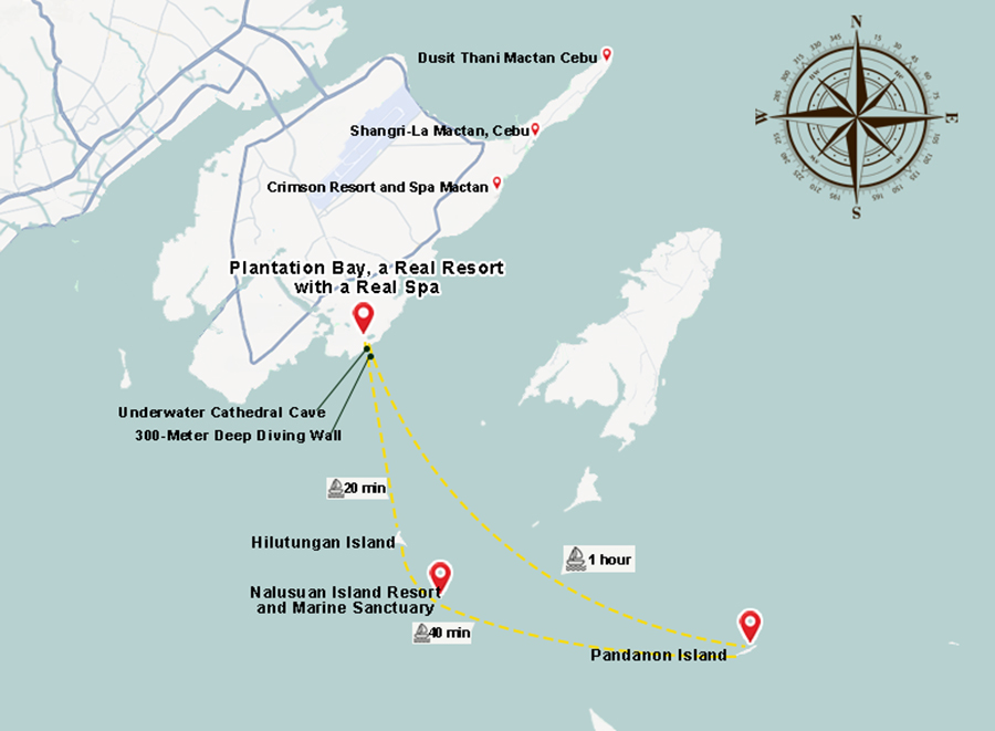 Plantation Bay highlights its convenient proximity to Hilutungan and Nalusuan Islands